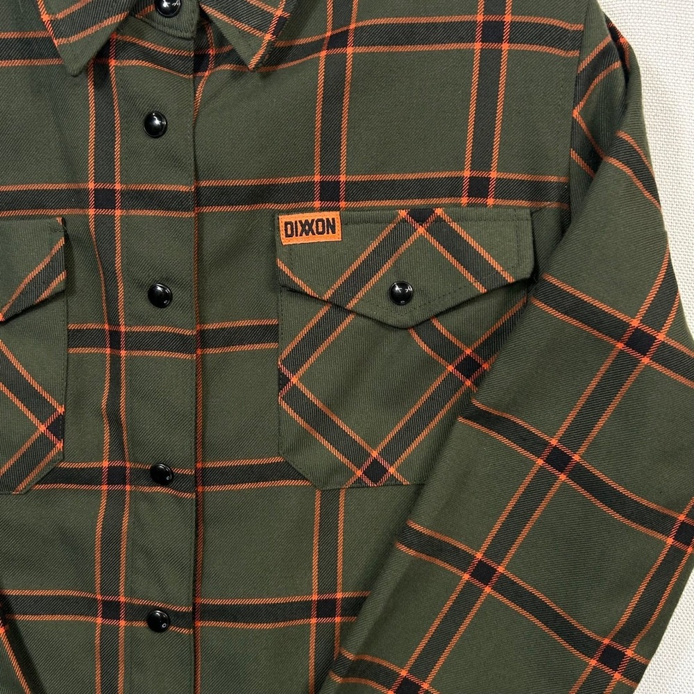 Dixxon Flannel Co Siege Snap Shirt Womens M Olive Green Orange Plaid D-Tech - Picture 5 of 11